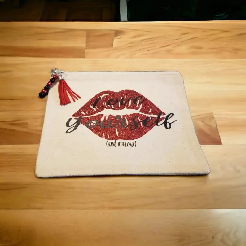 Canvas Cosmetic Bag-"Love Yourself, And Makeup" TCB-Toni's Craft Boutique