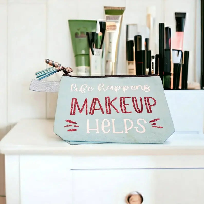 Canvas Cosmetic Bag-"Life Happens Makeup Helps" TCB-Toni's Craft Boutique