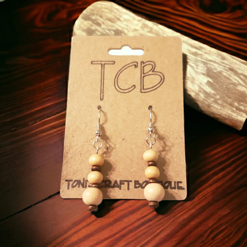 Natural Wood Bead Dangle Drop Earrings