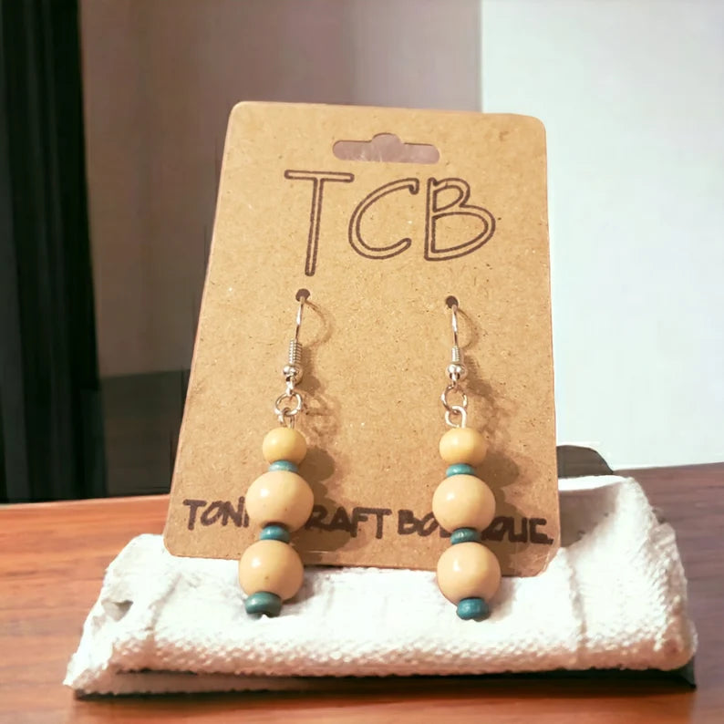 Natural Wood Bead Dangle Drop Earrings